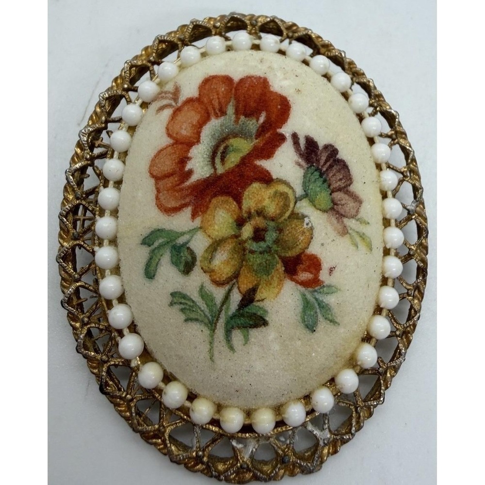Vintage 1950s W Germany Sugared Cameo Brooch Pin Hand‎ Painted Floral Flower